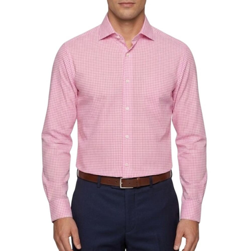 BOSS HUGO BOSS Sharp Fit Dress Shirt Button Up Gingham Pink Mens Size 15.5 34/35